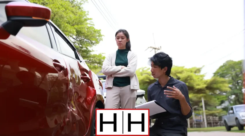 female and male investigating auto accident