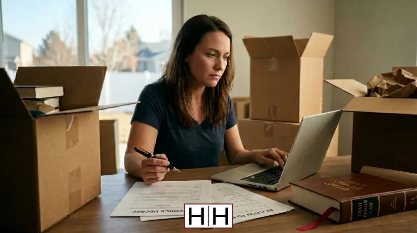 A woman sits at a table in a room filled with moving boxes, looking focused while working on a laptop and reviewing legal documents titled "Divorce Decree" and "Petition to Modify."