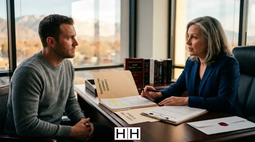 A man and a woman sit at a large desk, engaged in a professional legal consultation. The woman, an attorney, is speaking while holding a pen over legal folders, one of which has "Substantial Change Evidence" text clearly visible on the front.
