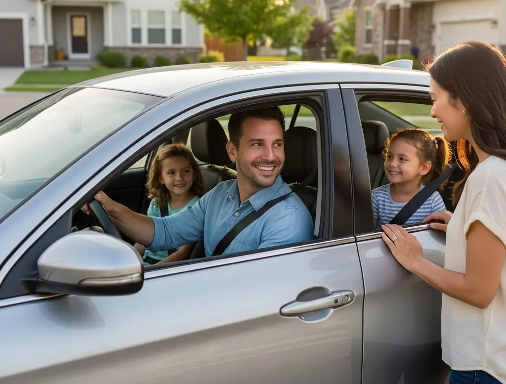 Father greeting children in a parked car during a peaceful custody exchange, with a 12-year-old boy seated in the front passenger seat outside a suburban home