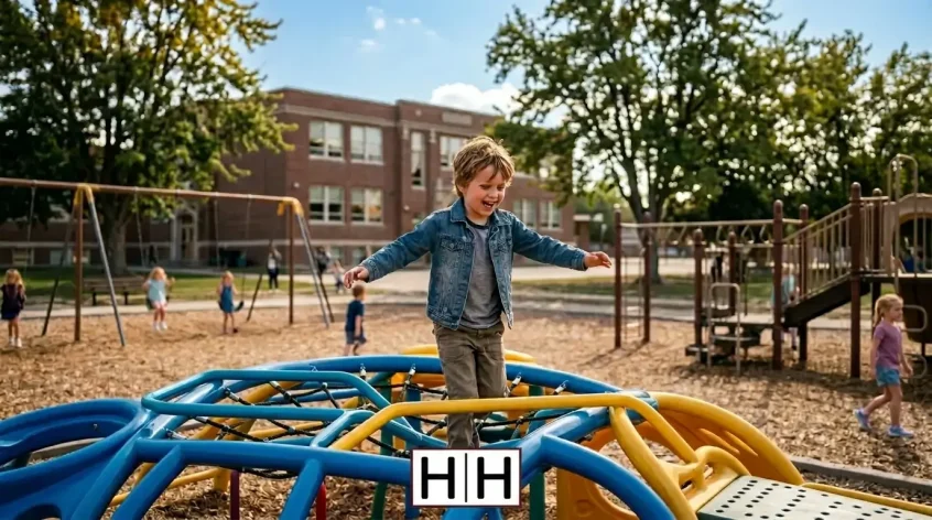 child playing on school playground equipment in utah during mid day with school building in background