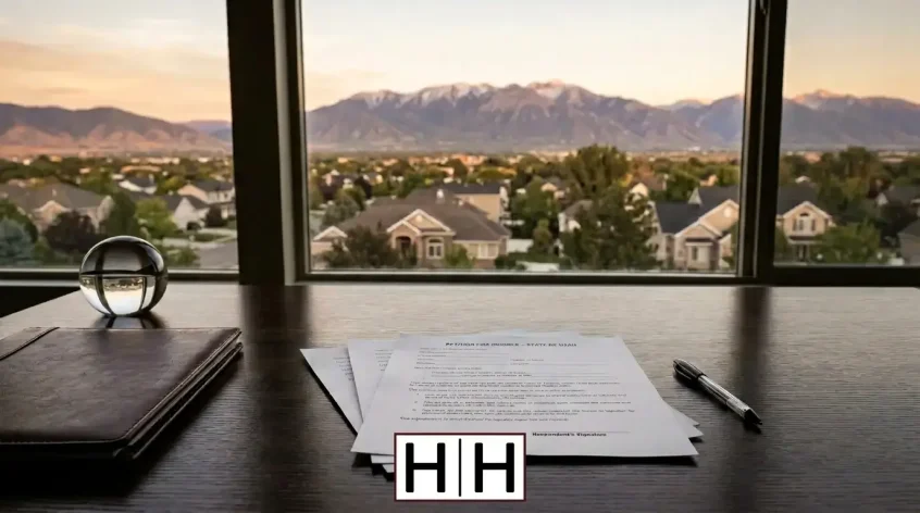 utah divorce papers and a pen on a desk overlooking a suburban neighborhood and mountains at sunset