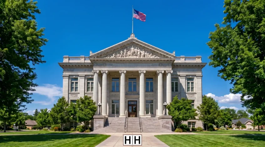 utah neoclassical courthouse blue sky American flag green trees summer midday