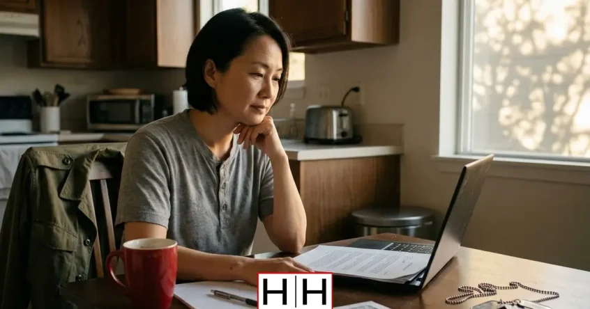 A woman rests her chin on her hand while looking at a laptop and papers at a kitchen table, with a mug beside her.
