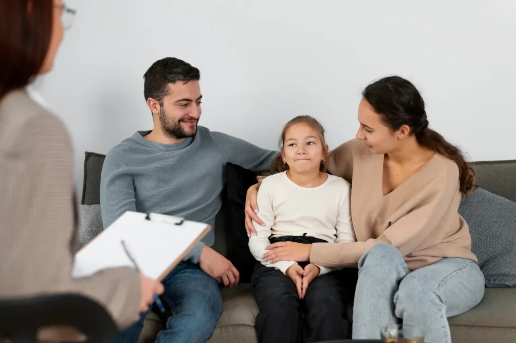 Parents and child during custody discussion