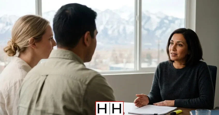 A couple sits across from a woman discussing paperwork in an office with mountain views through the windows.
